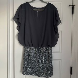 XSCAPE sequin dress with mesh top